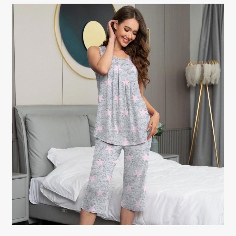 Findsweet Sleeveless Star-Print Sleep Set in Light Gray & Pale Pink - NWT - Picture 2 of 7